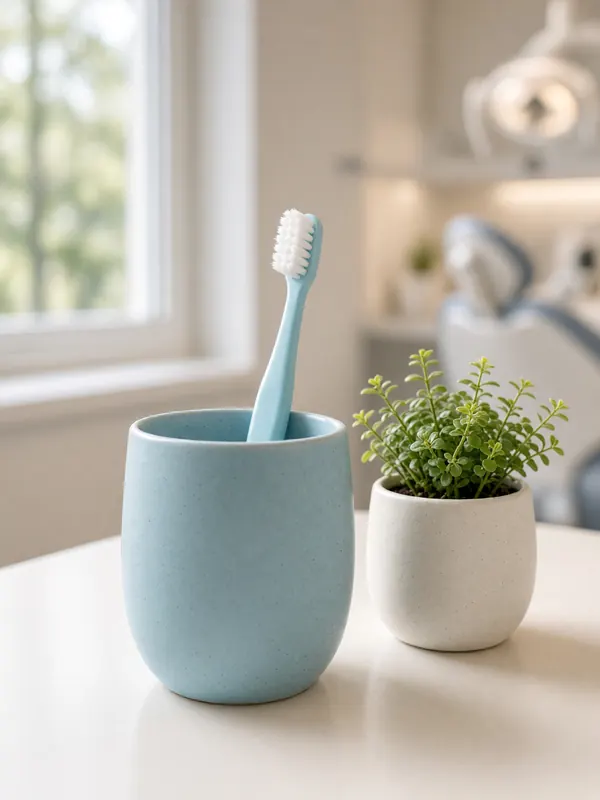 A child-size toothbrush standing in a pale blue ceramic cup on a white counter beside a small potted plant