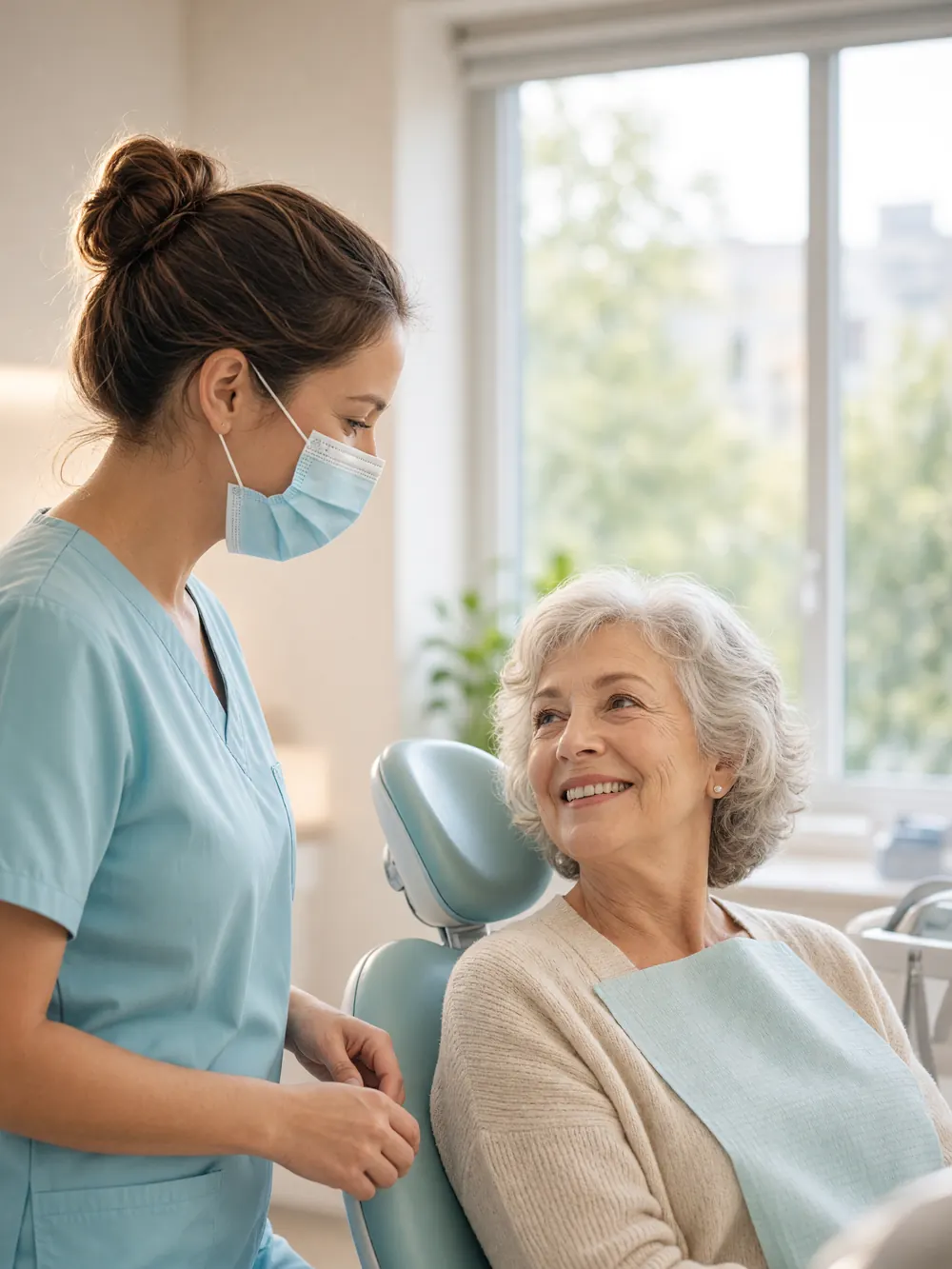 A hygienist in blue scrubs and a mask talks with a smiling older woman sitting in a dental chair