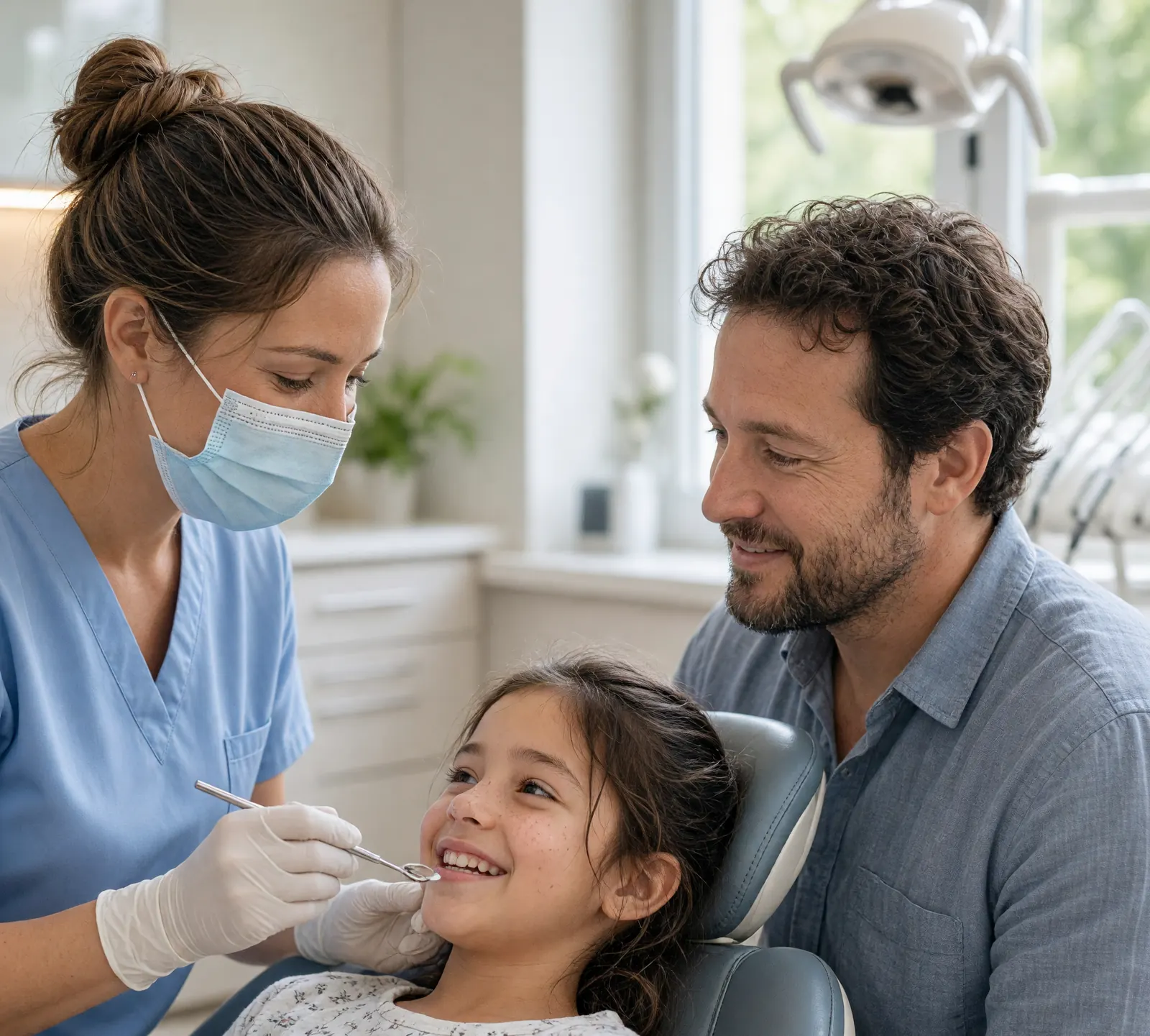 A hygienist in blue scrubs and a mask checks a smiling girl in a dental chair while her father watches from beside her, in a bright room with a window