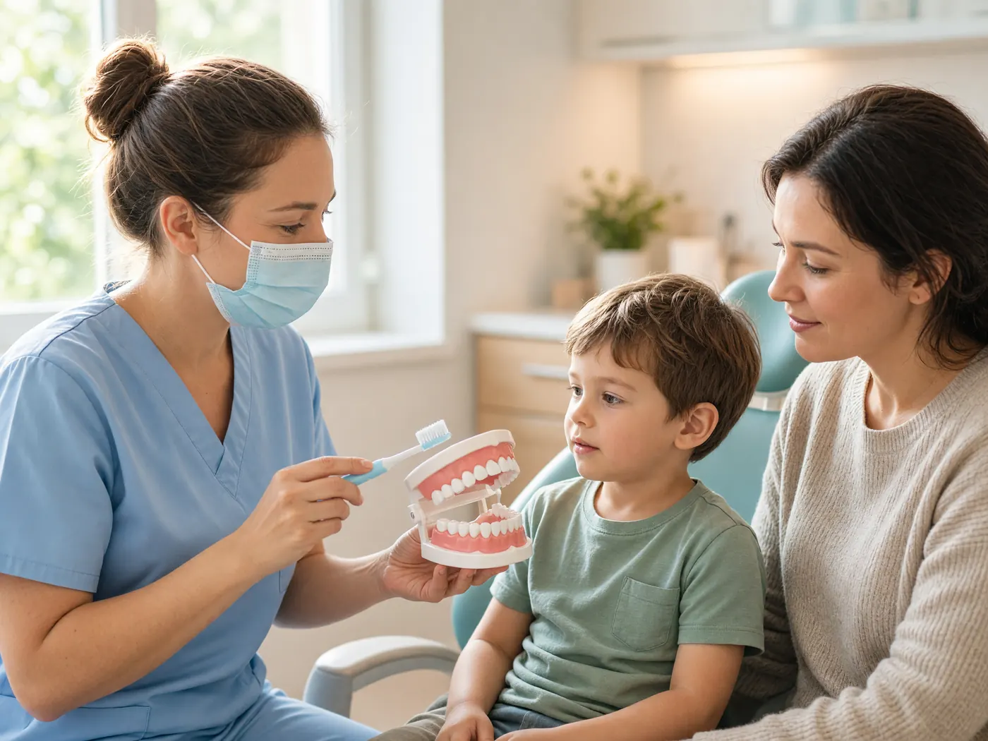 A hygienist shows a small boy a child-size toothbrush and a model of teeth while his parent sits beside him