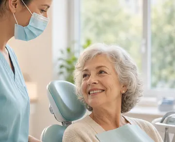 A smiling older woman in a dental chair