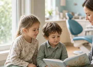 Two children and a parent reading a picture book on a waiting-room bench
