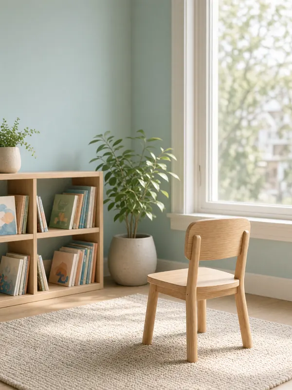 A reception corner with a small wooden child’s chair, a shelf of picture books, a plant and a woven rug in front of a tall window