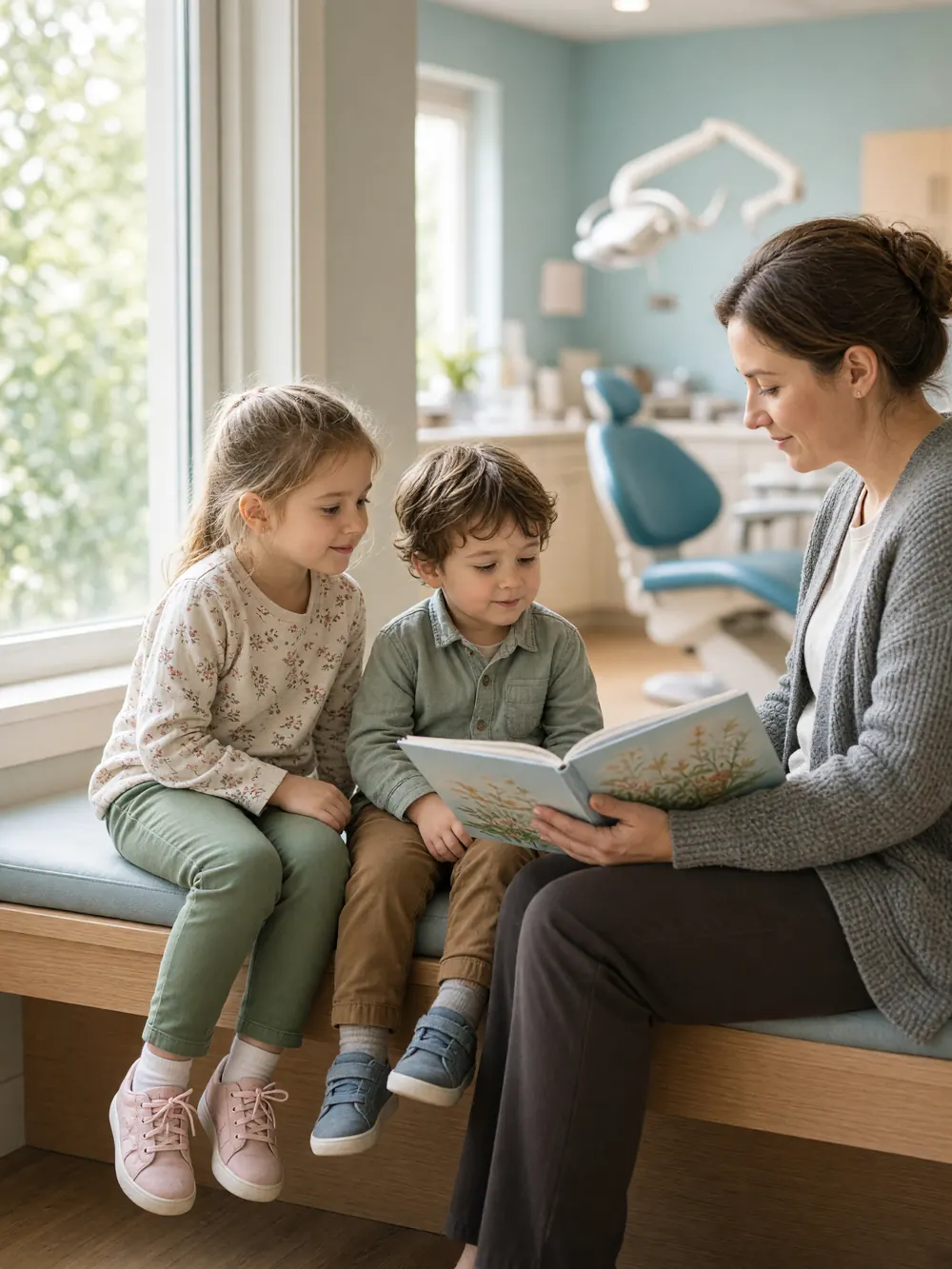 Two young children on a waiting-room bench looking at a picture book that their parent holds, a dental room behind them