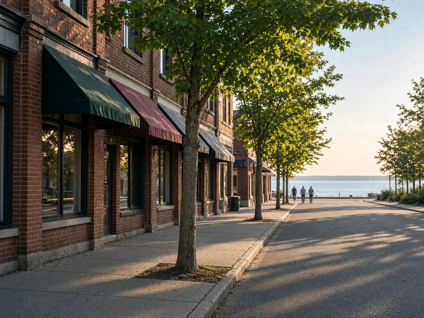 A quiet downtown street with red-brick storefronts, green awnings and maple trees, with a stretch of lake at the end of the road