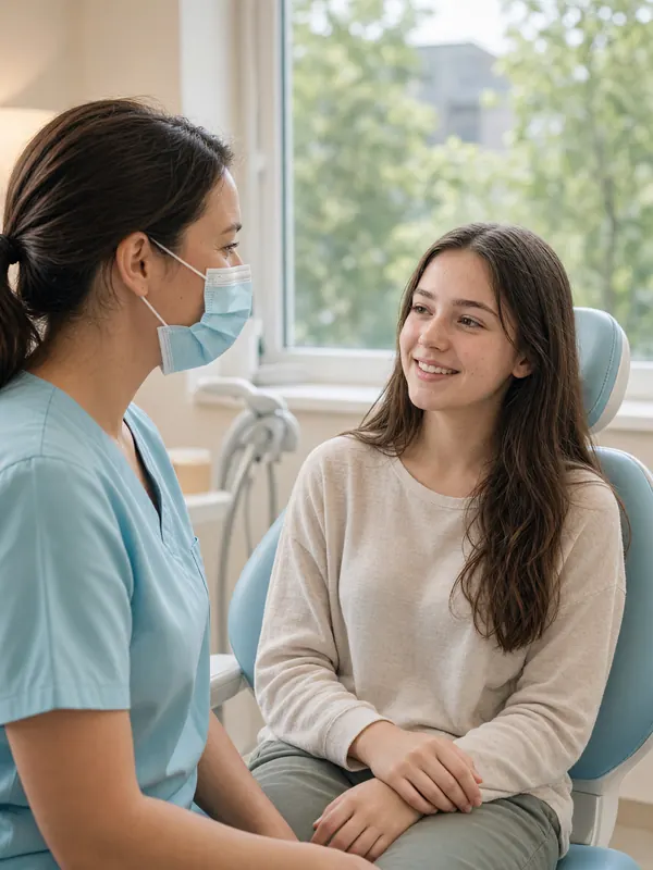 A hygienist in blue scrubs and a mask talks with a smiling teenage girl sitting upright in a dental chair by a window