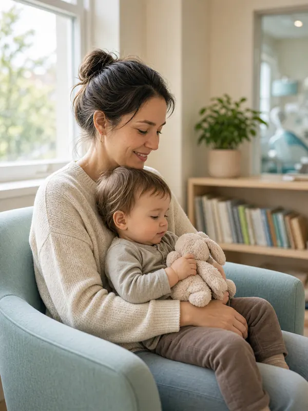 A mother holding a toddler with a soft toy on her lap in a pale blue armchair, a shelf of picture books beside them