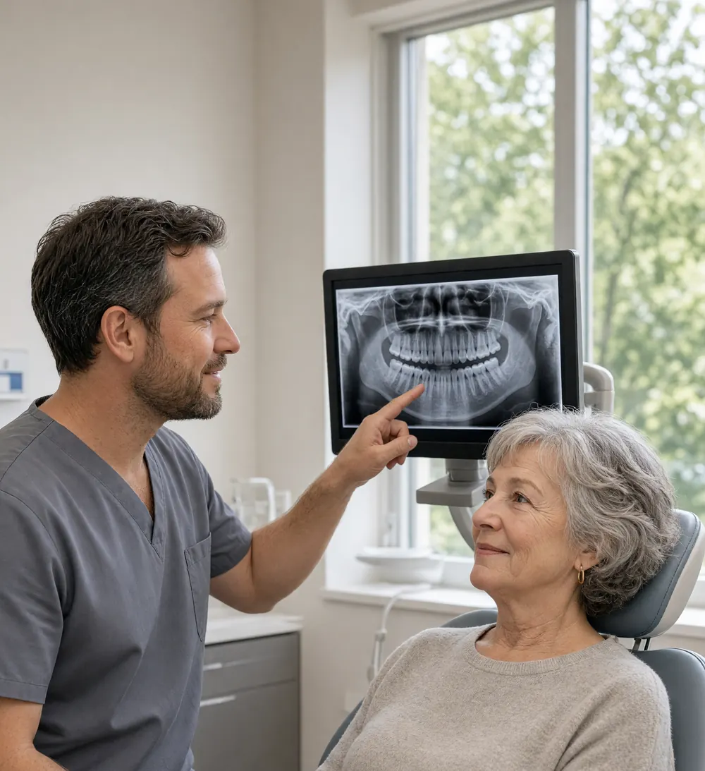 A dentist in grey scrubs points to an x-ray on a wall screen while an older woman in the dental chair looks on, trees outside the window