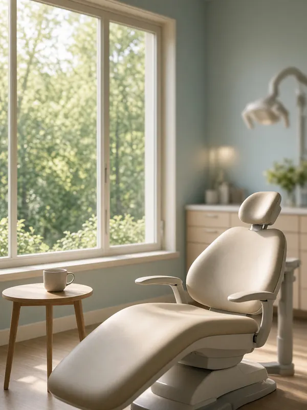 An empty dental chair beside a large window with green trees outside, and a small side table with a cup